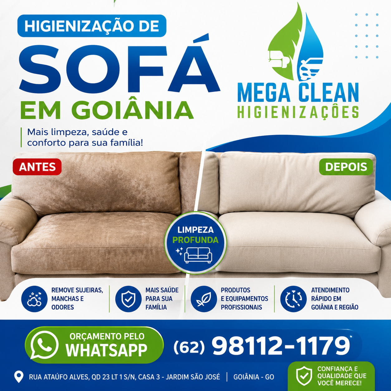 Higienização de sofá em Goiânia: antes e depois do estofado limpo pela Mega Clean