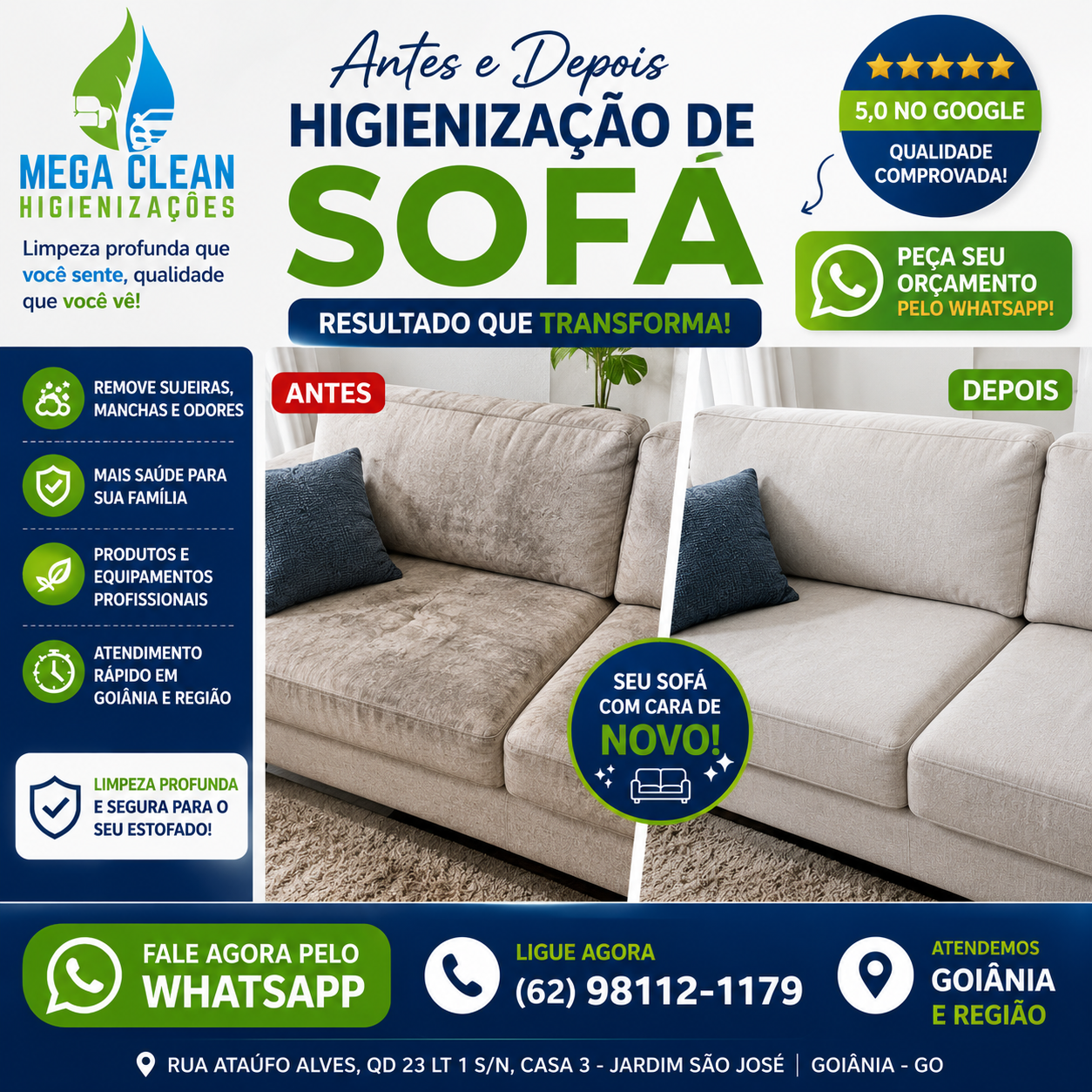 Resultado da higienização de sofá em Goiânia com remoção de sujeiras, manchas e odores