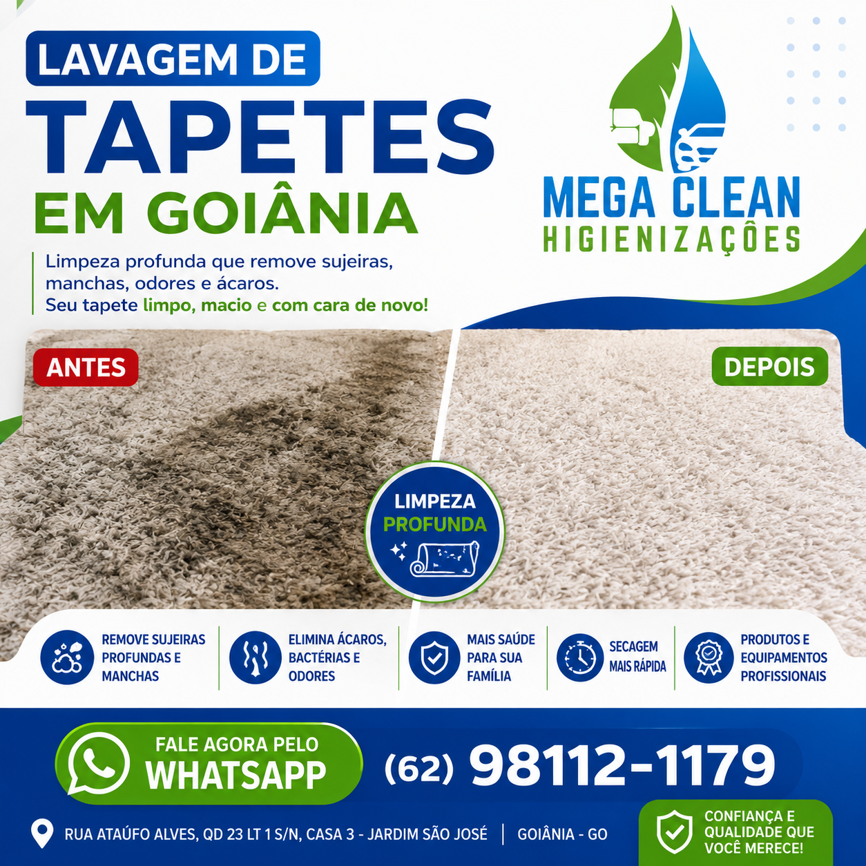 Lavagem de tapetes em Goiânia: antes e depois da limpeza profunda feita pela Mega Clean