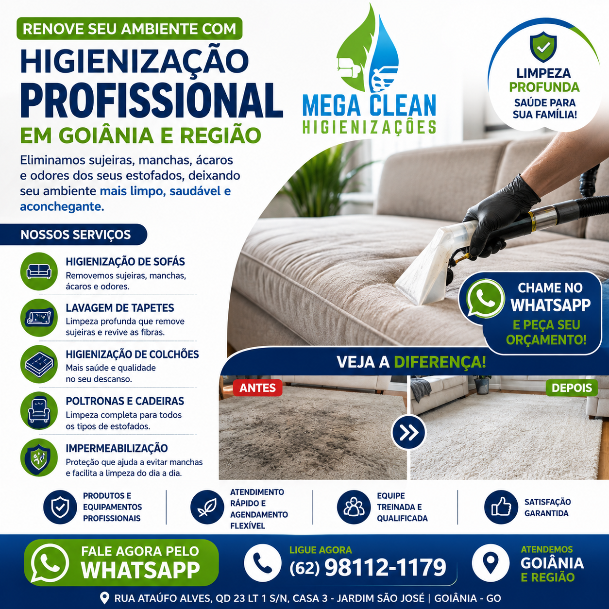 Higienização profissional de estofados em Goiânia e região: sofás, tapetes, colchões e poltronas